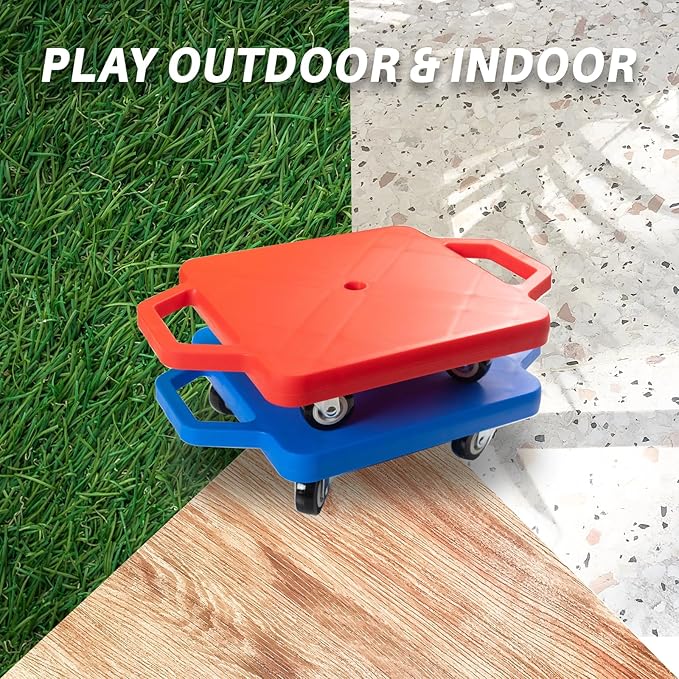 2 Plastic Scooter Boards with Handles for Kids Sitting and Sports Training, with 1 Ring, 2 Ropes and 4 Beanbags, Indoor and Outdoor Play-BubblyBeeBaby