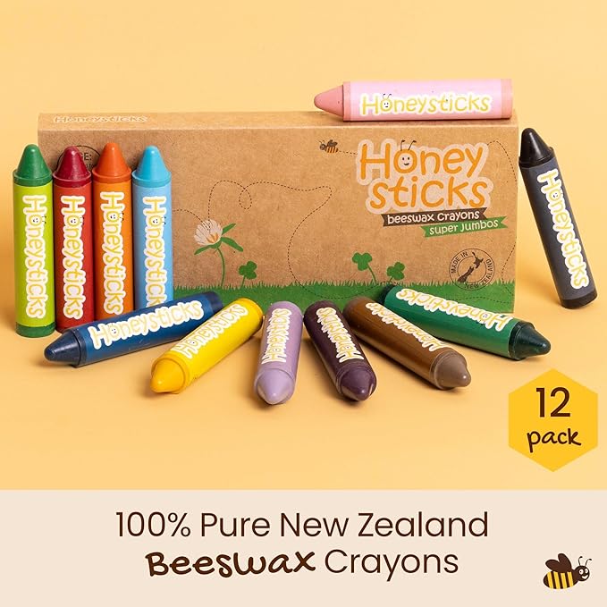 Honeysticks Super Jumbo Crayons (12 Pack) - Non Toxic Crayons for Kids - 100% Pure Beeswax and Food Grade Colors - For Toddlers 1-3, Unbreakable, Extra Large, Easy to Hold and Use, Eco-Friendly-BubblyBeeBaby