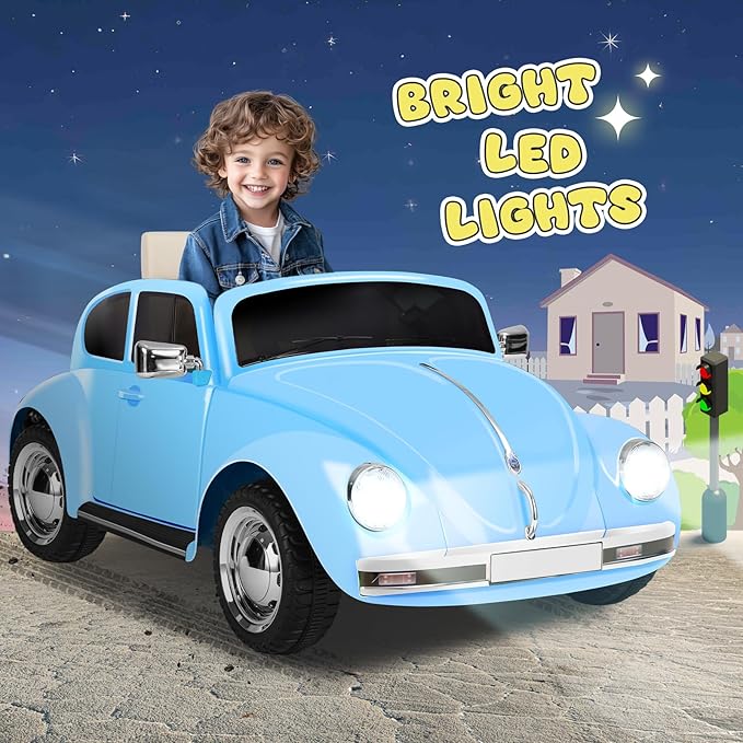 12V Kids Electric Car, Power Wheels with Remote Control, Ride on Car Toys with LED Light, 3 Speeds, Music, Blue-BubblyBeeBaby