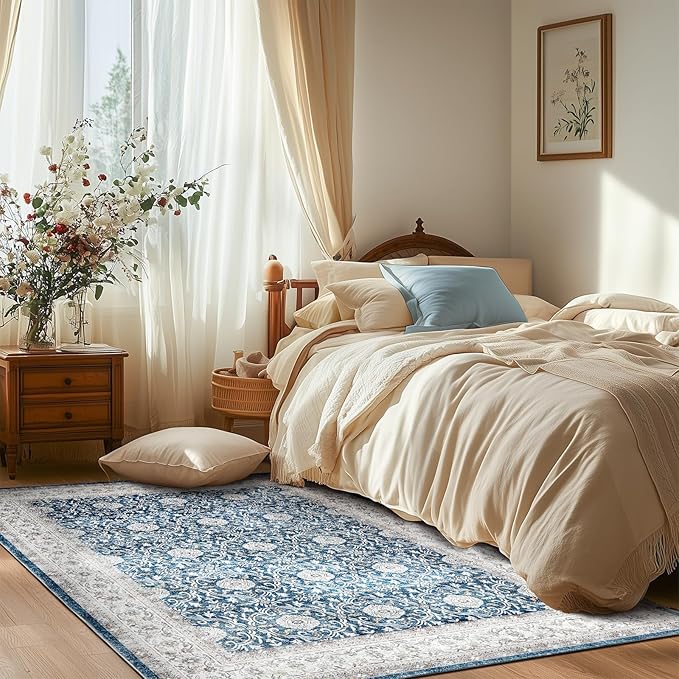 jinchan Floral Area Rugs 4x6 Machine Washable Vintage Distressed Boho Design Throw Rug Stain Resistant Carpet Low Pile Ultra-Thin Non-Slip for Bedroom Living Room Dining Room Kitchen(4‘x6',Drak Blue)-BubblyBeeBaby