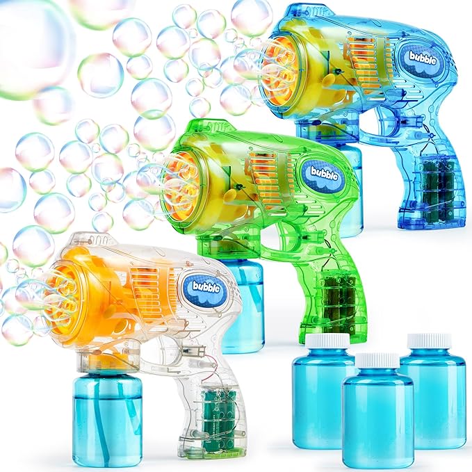 JOYIN 3 Packs Bubble Guns with 3 Solutions, Automatic Bubble Maker Blower Machine for Kids, Party Favors, Summer Toy, Birthday, Outdoor & Indoor Activity, Easter-BubblyBeeBaby