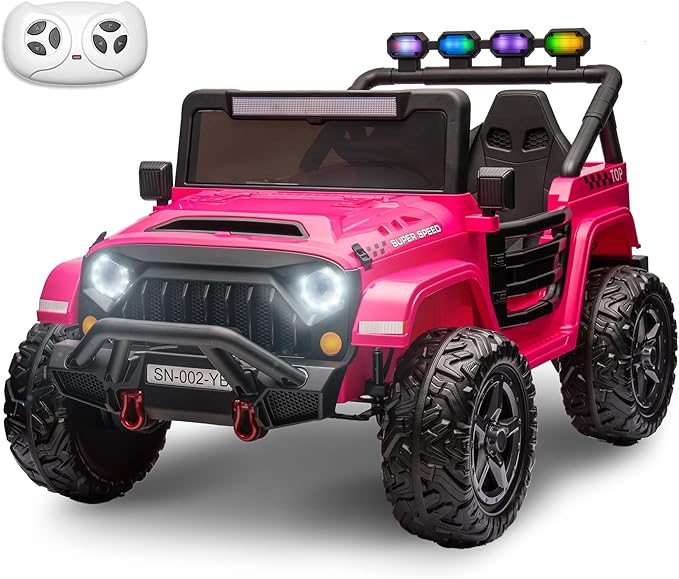 24V 2 Seater Ride On Truck with Remote Control 4WD Electric Car for Kids Ride On Car Battery Powered Ride On Toy Car with Music Player, LED Lights, Bluetooth, Rear Shock Absorber, Hot Pink-BubblyBeeBaby
