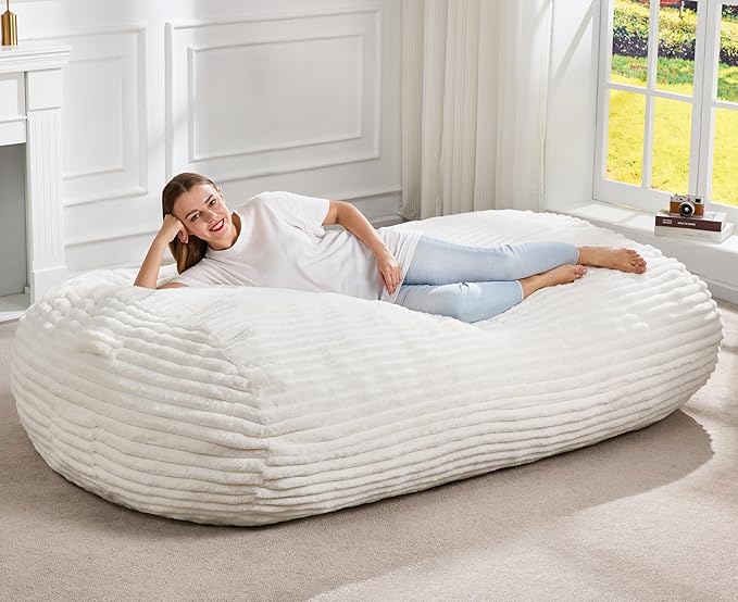Hobestluk 5FT Bean Bag Chairs Adult Bean Bag with Portable Handle Comfy Large Bean Bag Lounge Chair with Removable Cover for Living Room Bedroom (Stripe White, 5FT)-BubblyBeeBaby