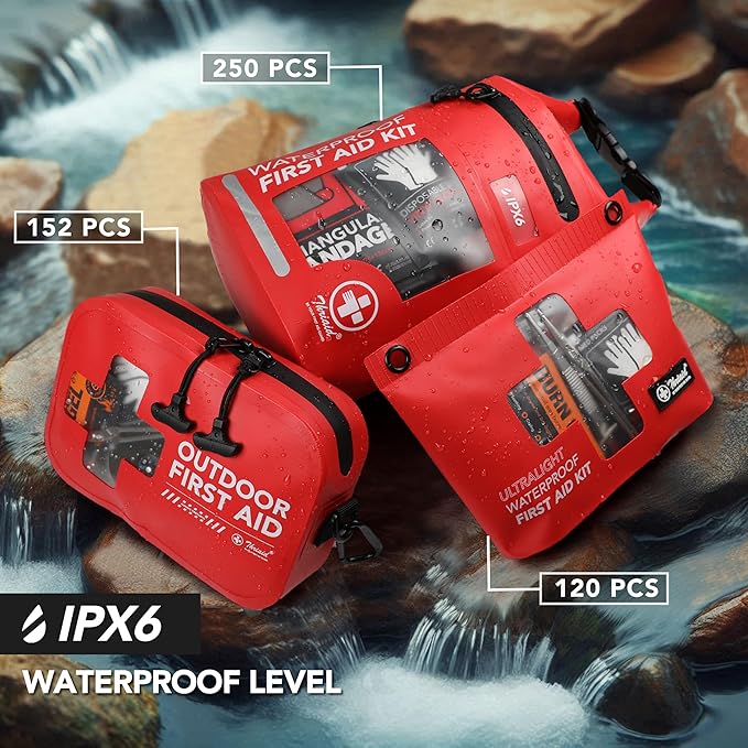 152 PCS Waterproof First Aid Kit, Portable Small Boat Dry Bag Bug Out Bags, Emergency Medical Kit Ideal for Boating, Camping, Fishing, Kayaking, Floating, Red-BubblyBeeBaby