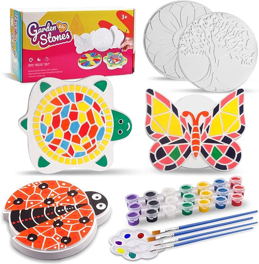 IFLOVE Paint Your Own Stepping Stones for Kids Craft Kits,Arts and Crafts for Kids Ages 4-8,5 Pack Painting Crafts for Girls Ages 8-12，Outdoor Toys Art Supplies Toddler Birthday Gift (Multicolored)-BubblyBeeBaby