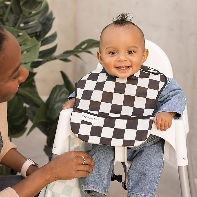 Tiny Twinkle Mess-Proof Baby Bib - Waterproof Bib for Baby Boy or Girl - Machine Washable - Adjustable Closure - PVC, BPA, & Phthalate Free - Great for Travel - Baby Food Bibs (3 Pack, Checkers Boy)-BubblyBeeBaby