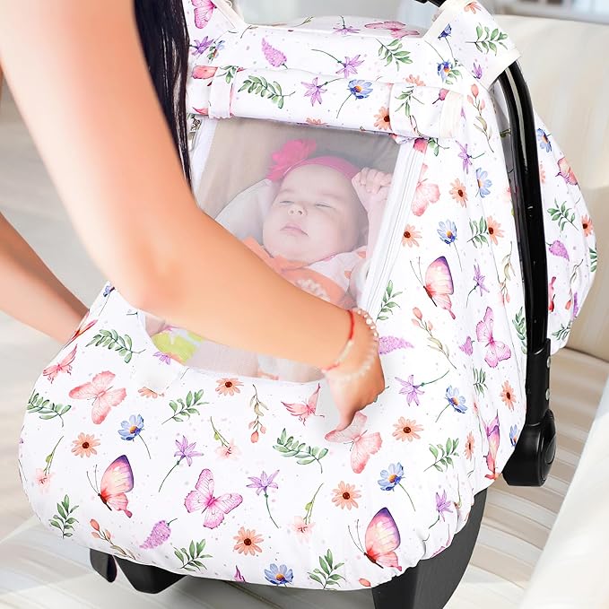 Pea Pod Car Seat Cover Baby, Infant Car Seat Canopy Covers with 2 Layers Windows of Breathable Mesh Fabric, Lightweight Polyester, Soft Minky Dot Backing (Butterfly Pattern)-BubblyBeeBaby