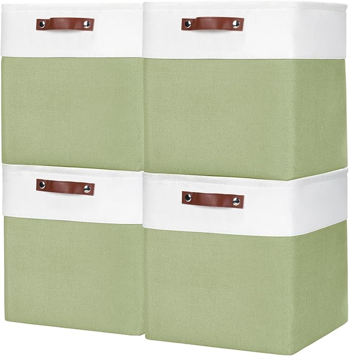 13x13 Cube Storage Bins, Collapsible Fabric Storage Box, 4 Pack Closet Baskets with Handles for Organizing, Shelf, Toys, Clothes, Home, Office, Nursery (Green&White)-BubblyBeeBaby