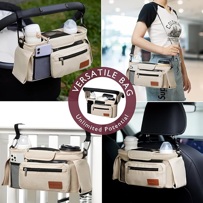 Momcozy Universal Stroller Organizer with Insulated Cup Holder Detachable Phone Bag & Shoulder Strap, Fits for Stroller like Uppababy, Baby Jogger, Britax, BOB, Umbrella and Pet Stroller-BubblyBeeBaby