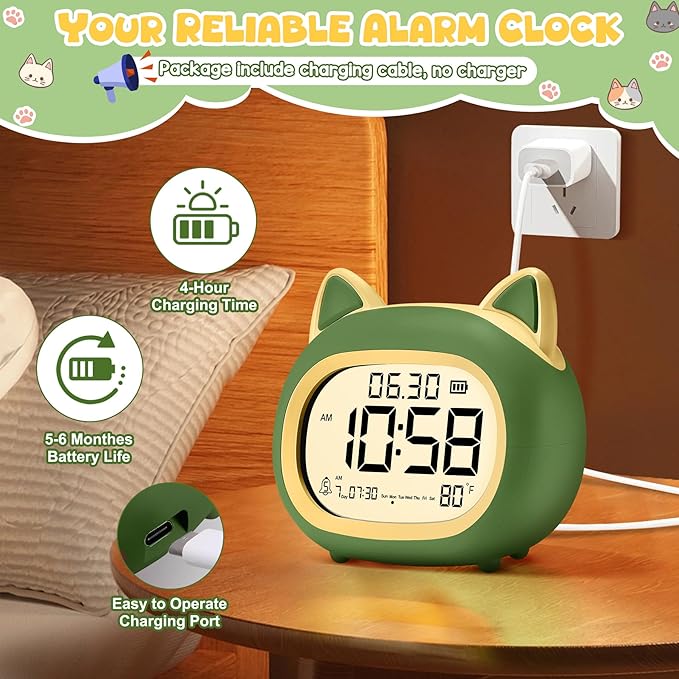 Kids Alarm Clock with Night Light for Kids, Small Digital Alarm Clocks for Bedrooms, Routine Builder, Cute Cat Alarm Clock with Sleep Training, Snooze, 12/24H, Date & Day, Temperature, USB Port-BubblyBeeBaby