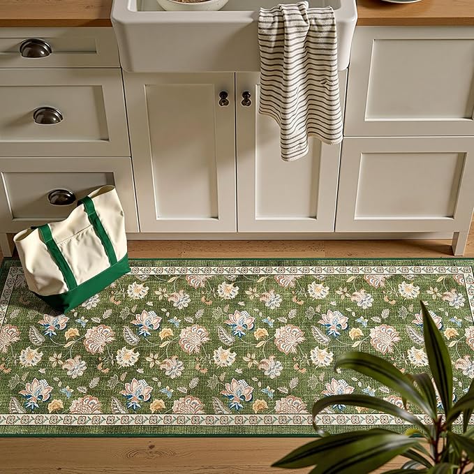jinchan 2x5 Floral Runner Rug for Hallway Washable Kitchen Runner Vintage Romance Design Non Slip Thin Indoor Floor Cover Low-Profile Throw Carpet for Entryway Bathroom Bedroom Porch, Green-BubblyBeeBaby