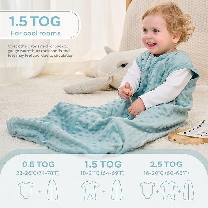 JELLYMONI Fleece Baby Sleep Sack 12-18 Months, 1.5 Tog Warm Winter Baby Wearable Blanket with Plush Dots and 2-Way Zipper, Cotton Toddler Sleep Sack-BubblyBeeBaby