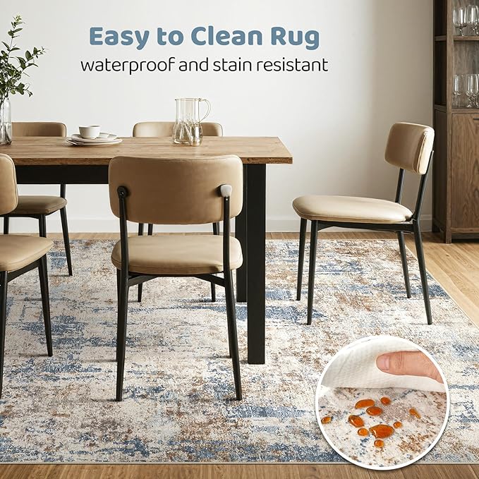 10x12 Area Rug Living Room: Washable Large Abstract Modern Soft Rugs Stain Resistant Indoor Floor Non Slip Accent Carpet for Bedroom Nursery Playroom Office Dining Room Dorm Home House- Tan Blue-BubblyBeeBaby