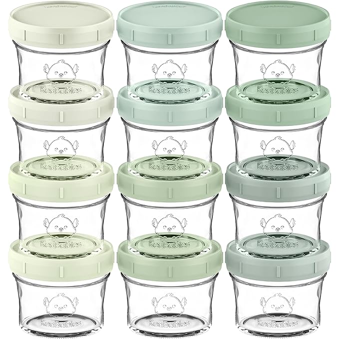 KeaBabies 12pk 4oz Glass Baby Food Containers with Lids - Leak-Proof, Microwavable Small Glass Jars, Baby Purees & Toddler Snack Storage Containers, BPA-Free, Dishwasher & Freezer Safe (Sage)-BubblyBeeBaby
