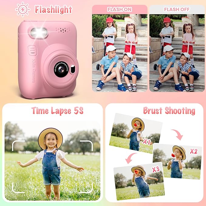 Instant Print Camera for Kids, 3.0" HD 32MP Kids Camera 1080P with 3 Rolls of Printer Paper, Birthday Gifts Toy for 3-12 Year Old Girls Boys with 32GB SD Card-Pink-BubblyBeeBaby