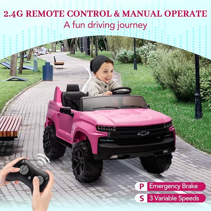 Hetoy 24V 2-Seater Truck Licensed Chevrolet Silverado Ride On Car Toy w/Parent Remote Control,4xSpring Suspension, 3 Speeds, Wireless Music, MP3 Player, Electric Vehicle Car for Kids, Pink-BubblyBeeBaby