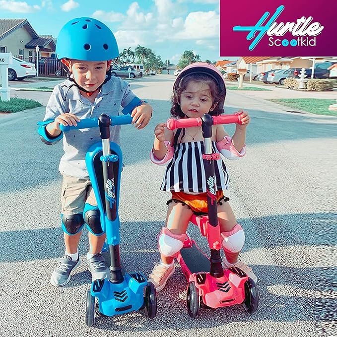 Hurtle 3-Wheeled Scooter for Kids - Wheel LED Lights, Adjustable Lean-to-Steer Handlebar, and Foldable Seat - Sit or Stand Ride with Brake for Boys and Girls Ages 1-14 Years Old-BubblyBeeBaby