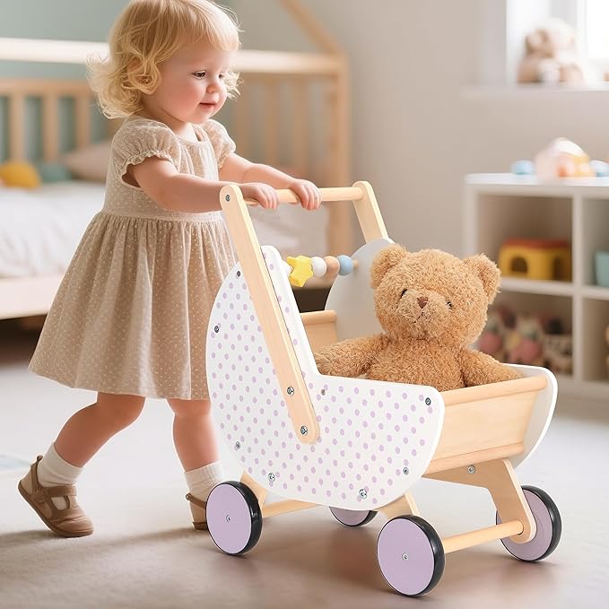 Wooden Baby Walker & Doll Stroller – Adjustable Handle Push Cart, Anti‑Tip, Quiet Wheels, Pretend Shopping Cart – Montessori Wooden Walker for Babies, Doll Stroller for Toddlers 12m+-BubblyBeeBaby