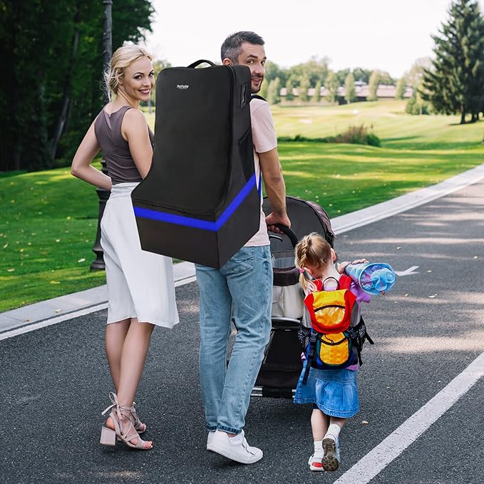Car Seat Travel Bag - Padded, Comfortable, Durable, Roomy Gate Check Carseat Cover Backpack Fits 3-in-1，Convertible, Booster & Infant Car Seats for Airplane, Airport, Blue-BubblyBeeBaby