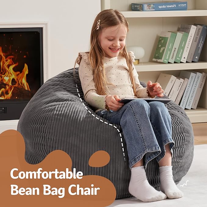 Homguava 2FT Bean Bag Chair,Teardrop Bean Bags Small Beanbag Chair with Memory Foam Filled and Ultra Soft Corduroy Cover for Living Room, Bedroom (Small,Grey)-BubblyBeeBaby