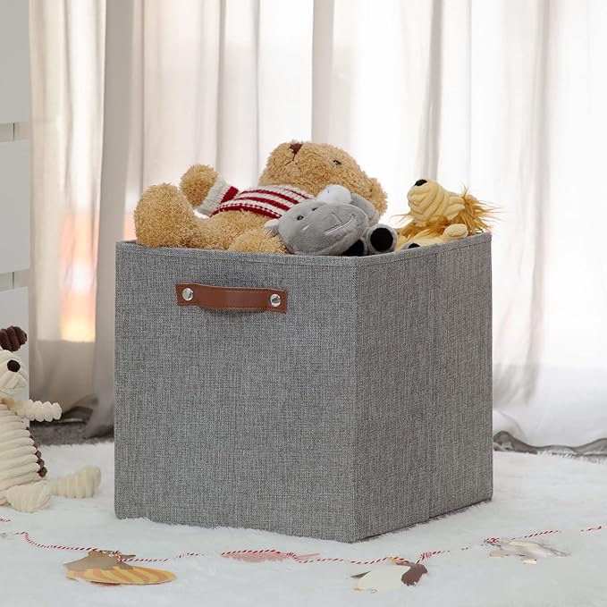 HNZIGE Fabric Storage Cubes Bins Baskets for Shelves Set of 4 Baskets, 13 Inch Storage Bins with Handles, Foldable Storage Cube Organizer Bins Organizing Home Nursery (Gray)-BubblyBeeBaby