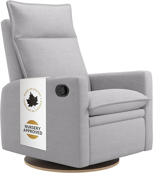 Jaymar Arya Modern Nursery Glider Recliner Chair – Cozy Nursing Chair with 360° Swivel for New Parents, Gentle Motion, Compact Design, High Back & Low Armrests, Canadian Made (Dove Grey/Como Fabric)-BubblyBeeBaby