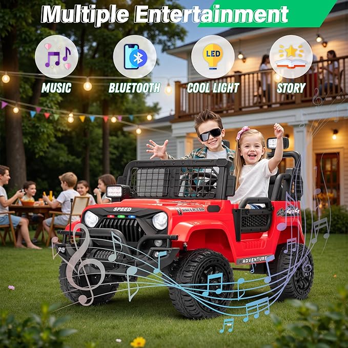2 Seater Ride On Car Truck with Remote Control XL, Kids 24V Battery Powered Electric Vihicle w/21 in Seat, 3 Speeds, 2WD/4WD Switichable, Shock Absorbers,Bluetooth, Flower, Gift Choice-BubblyBeeBaby