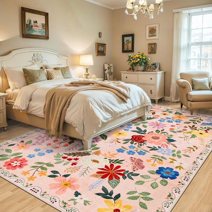 10x12 Area Rugs for Living Room: Floral Washable Rug Vintage Large Soft Boho Non-Slip Carpet Stain Resistant Low Pile Carpets for Bedroom Dining Room Farmhouse Nursery Hallway Home Office Beige-BubblyBeeBaby
