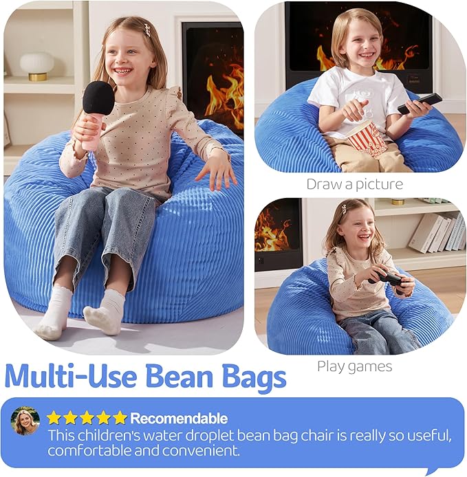 Homguava 2FT Bean Bag Chair,Teardrop Bean Bags Small Beanbag Chair with Memory Foam Filled and Ultra Soft Corduroy Cover for Living Room, Bedroom (Small,Blue)-BubblyBeeBaby