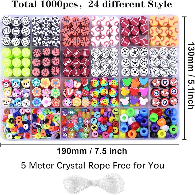1000PCS Sports Polymer Clay Beads Bracelet Making kit, 24 Style Cute Fun Ball Beads Baseball Basketball Soccer Rugby Volleyball Football Charms, DIY Bracelet Making kit-BubblyBeeBaby
