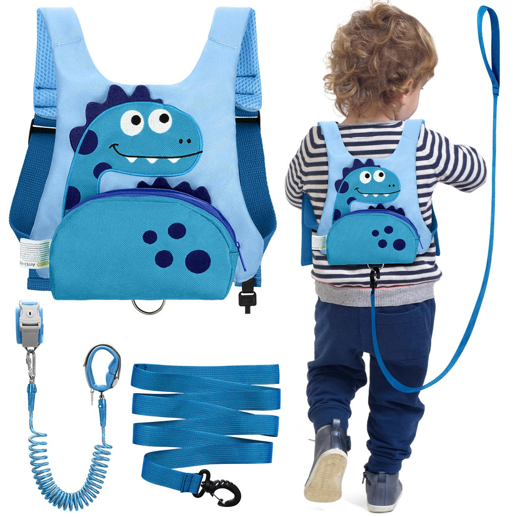 Dr.meter 3 in 1 Toddler Harness Leash + 8.2ft Anti Lost Wrist Link, Cute Dinosaur Kids Safety Harness with Key Lock, Child Walking Harness Assistant Strap for Outdoor Activity Travel