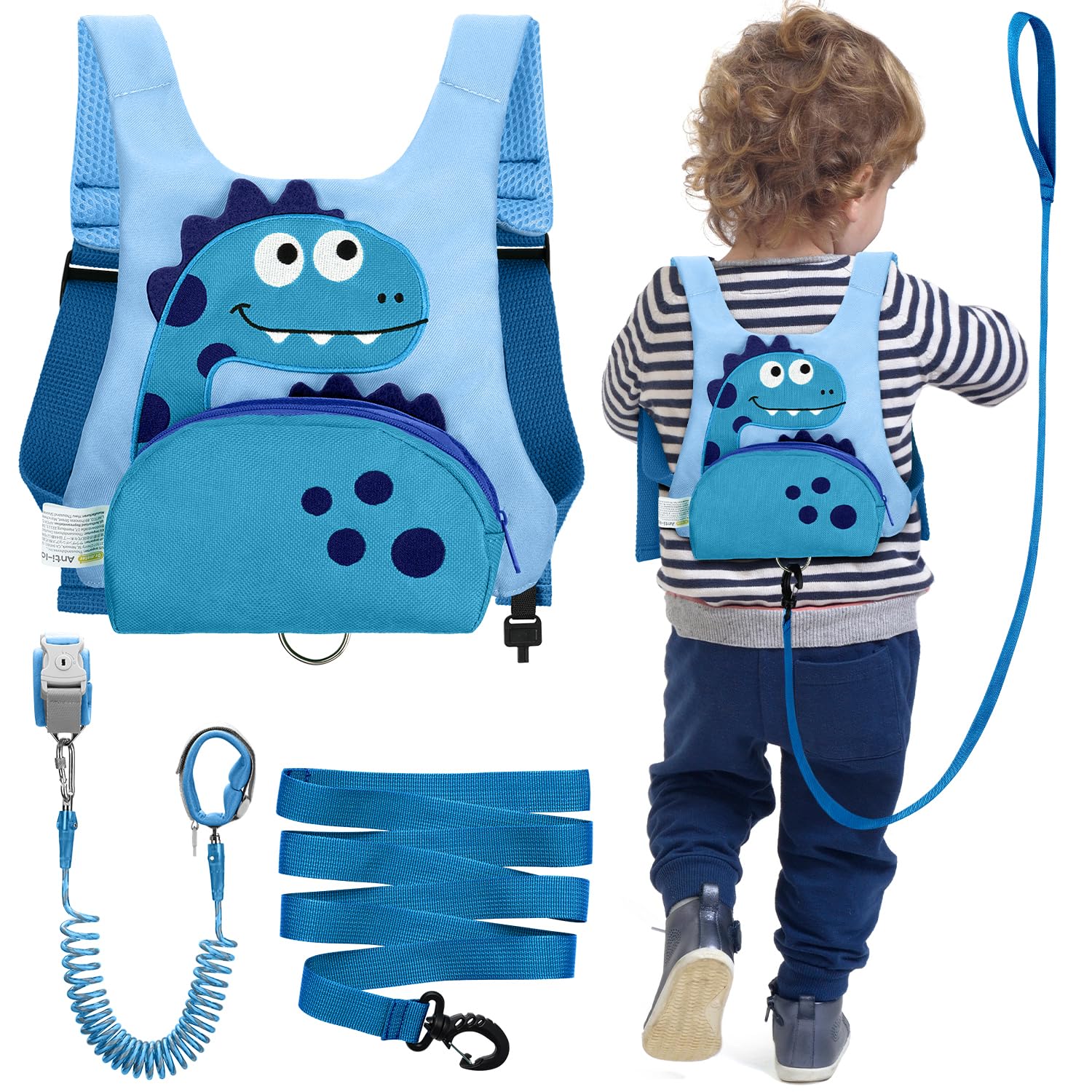 Dr.meter 3 in 1 Toddler Harness Leash + 8.2ft Anti Lost Wrist Link, Cute Dinosaur Kids Safety Harness with Key Lock, Child Walking Harness Assistant Strap for Outdoor Activity Travel