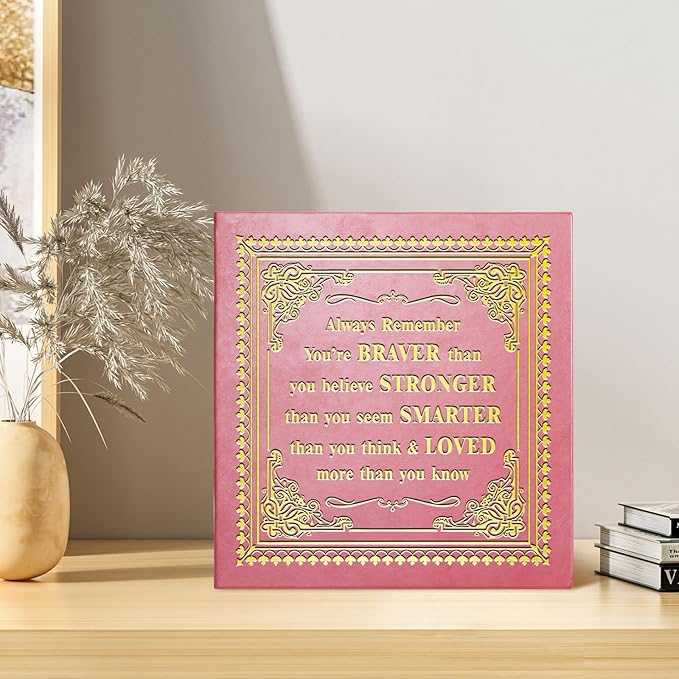 Inspirational Leather Photo Album,Magnetic Self-Stick Page Photo Album,Family Album,Hand Made DIY Albums Holds 3x5, 4x6, 5x7, 6x8 Photos (pink-always remember)-BubblyBeeBaby