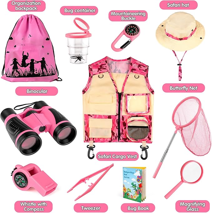 INNOCHEER Kids Explorer Kit & Bug Catcher Kit & Safari Costume Kit, Outdoor Exploration Set with Hat, Vest, Butterfly Net and Bugs Book for Boys Girls 3-12 Years Old (Camouflage Pink)-BubblyBeeBaby