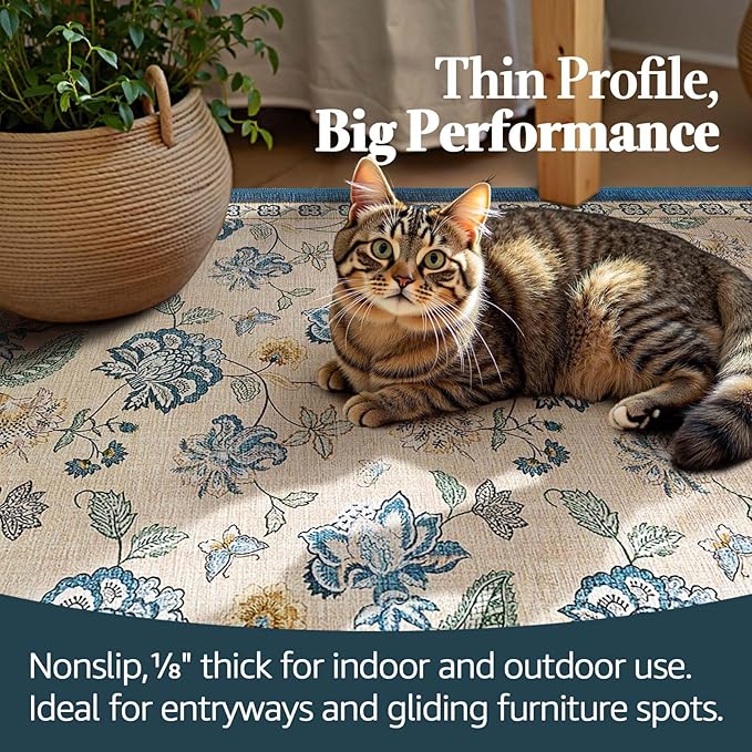 jinchan Floral Corner Rug for Living Room Washable Bedroom Rug Vintage Romance Design Non Slip Quarter Circle Lightweight Low-Pile Throw Carpet for Reading Nook Playroom,8ft Radius, Blue/Beige-BubblyBeeBaby