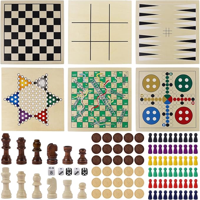 Juegoal 7-in-1 Wooden Board Game Set for Kids Adults, Tabletop Combo Classic Travel Portable Board Games (Chess, Checkers, Chinese Checkers, Backgammon, Parcheesi, Snakes and Ladders, Tic Tac Toe)-BubblyBeeBaby