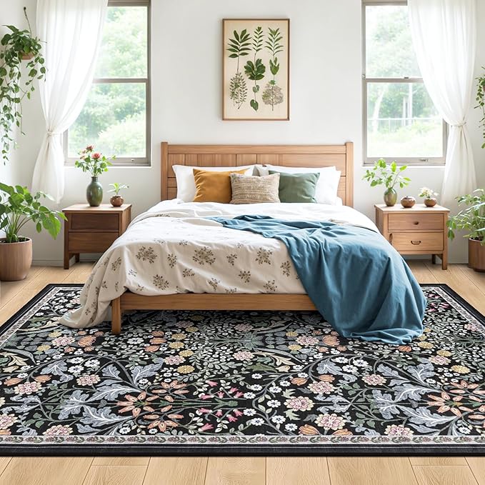 10x12 Area Rugs for Living Room: Floral Washable Rug Vintage Large Soft Boho Non-Slip Carpet Indoor Stain Resistant Low Pile Carpets for Bedroom Dining Room Farmhouse Nursery Home Office Dark Black-BubblyBeeBaby
