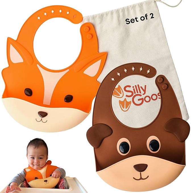 Silly Goose Set of 2 Silicone Animal Baby Bibs for Babies and Toddlers, Waterproof, Adjustable, Soft, Extra Wide Food Catcher Pocket (2PK Fox+Bear)-BubblyBeeBaby