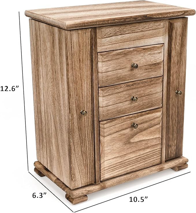 Jewelry Box for Women, Rustic Wooden Jewelry Boxes & Organizers with Mirror, 4 Layer Jewelry Organizer Box Display for Rings Earrings Necklaces Bracelets (Rustic Brown)-BubblyBeeBaby