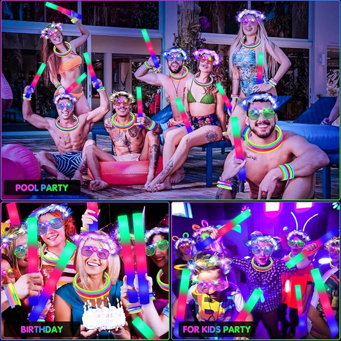 142 PCS Glow in the Dark Party Supplies, 14PCS Foam Glow Sticks, 14PCS Light Up Headband,14PCS LED Glasses and 100PCS Glow Sticks Bracelets,for Glow Party, New Year, Wedding, Concert, Birthday-BubblyBeeBaby