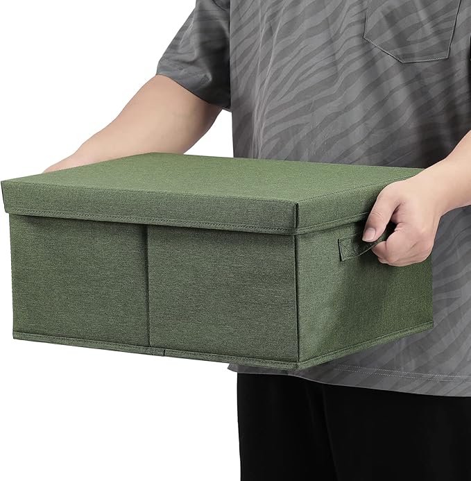 HOONEX Storage Bins with Lids for Organizing, Pack of 2, Storage Boxes with 2 Carrying Handles and Sturdy Heavy Cardboard, 16.5" L x 11.8" W x 7.5" H for Shoes, Books, Clothes, Olive-BubblyBeeBaby