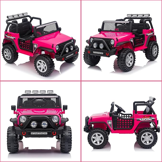 24V 4WD Ride on Truck Car w/800W Motors, Gift Flower, Remote Control, 2 Seaters, Light Bar, 3 Speeds, Pop Music, Power Four Wheels, 24 Volt Ride on Toy Car for Big Kids, Rose Red-BubblyBeeBaby