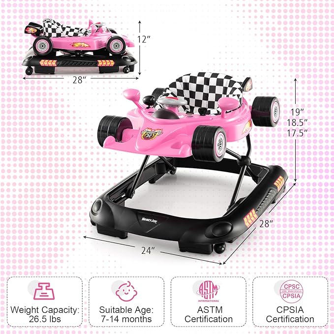 HONEY JOY Baby Walker, 4-in-1 Foldable Infant Activity Push Walker, Toddler Car Walker w/Adjustable Heights, Music, Lights, Removable Tray, Baby Walker with Wheels for Boys Girls 7-14 Months (Pink)-BubblyBeeBaby