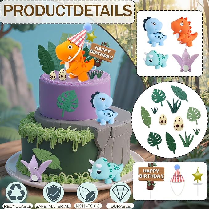 20pcs Dinosaur Cake Topper Set with Dinosaur Eggs - Reusable Dinosaur Cake Decorations，Dinosaur Birthday Decorations for Boys & Girls (Dinosaur Cupcake Toppers, Happy Birthday Cake Accessories)-BubblyBeeBaby