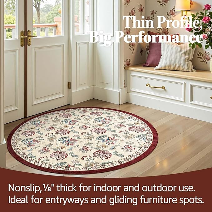 jinchan 4ft Floral Round Rug for Entryway Washable Kitchen Rug Vintage Romance Design Non Slip Indoor Doormat Lightweight Low-Profile Throw Carpet for Living Room Dining Room Bedroom, Red/Beige-BubblyBeeBaby