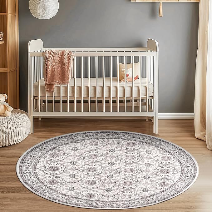 jinchan Round Rug 6ft Washable Circle Soft Rug - Low Pile Vintage 6'Round Indoor Beige Floral Print Stain Resistant Boho Carpet Ultra-Thin Non-Slip for Living Room Nursery Bedroom Dining Room Kitchen-BubblyBeeBaby