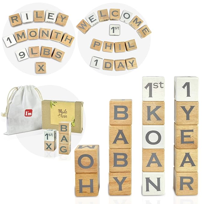 I'm Solid Wood Baby ABC Alphabet Milestone Age Blocks, Personalized Own Name, Gender Neutral, Newborn Gifts & Keepsakes for Picture Props (1.4" / 16 Pcs/Grey)-BubblyBeeBaby