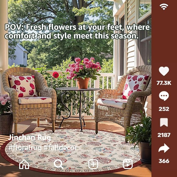 jinchan 7ft Floral Round Rug for Dining Room Washable Living Room Rug Vintage Romance Design Non Slip Indoor Floor Cover Lightweight Low-Profile Throw Carpet for Bedroom Porch Patio, Red/Beige-BubblyBeeBaby