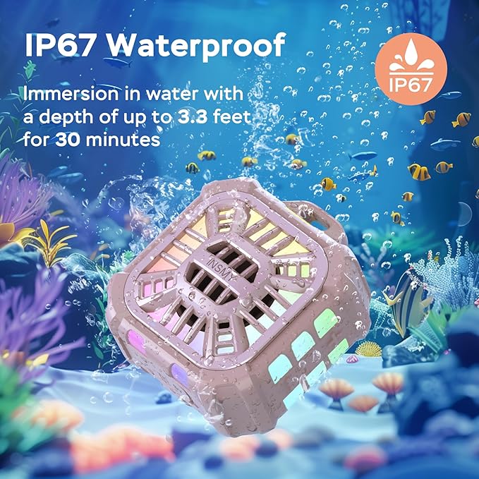 INSMY IP67 Waterproof Bluetooth Speaker, Shower Speaker Portable Small Clip-on, Multi Sync 100+ Speakers, Big Volume Booming Bass, 24H Playtime/Floatable/RGB Lights for Outdoor/Kayak/Beach(Pink)-BubblyBeeBaby