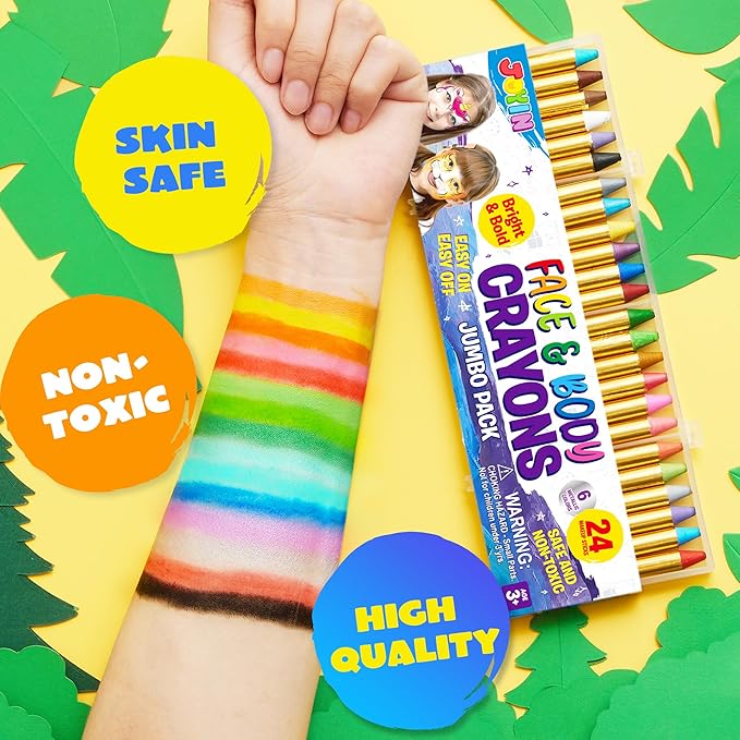JOYIN 24 Colors Face Paint Safe & Non-Toxic Face and Body Crayons (Large Size 3 inch) Ultimate Party Pack Including 6 Metallic Colors for Birthday Toy Makeup Party Suppiles, Gifts for Kids Girls Boys-BubblyBeeBaby